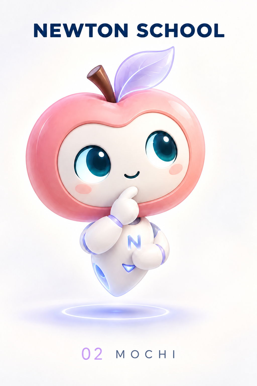 Mochi, the Newton School mascot — a small pink apple character resting a finger against its cheek, thinking.