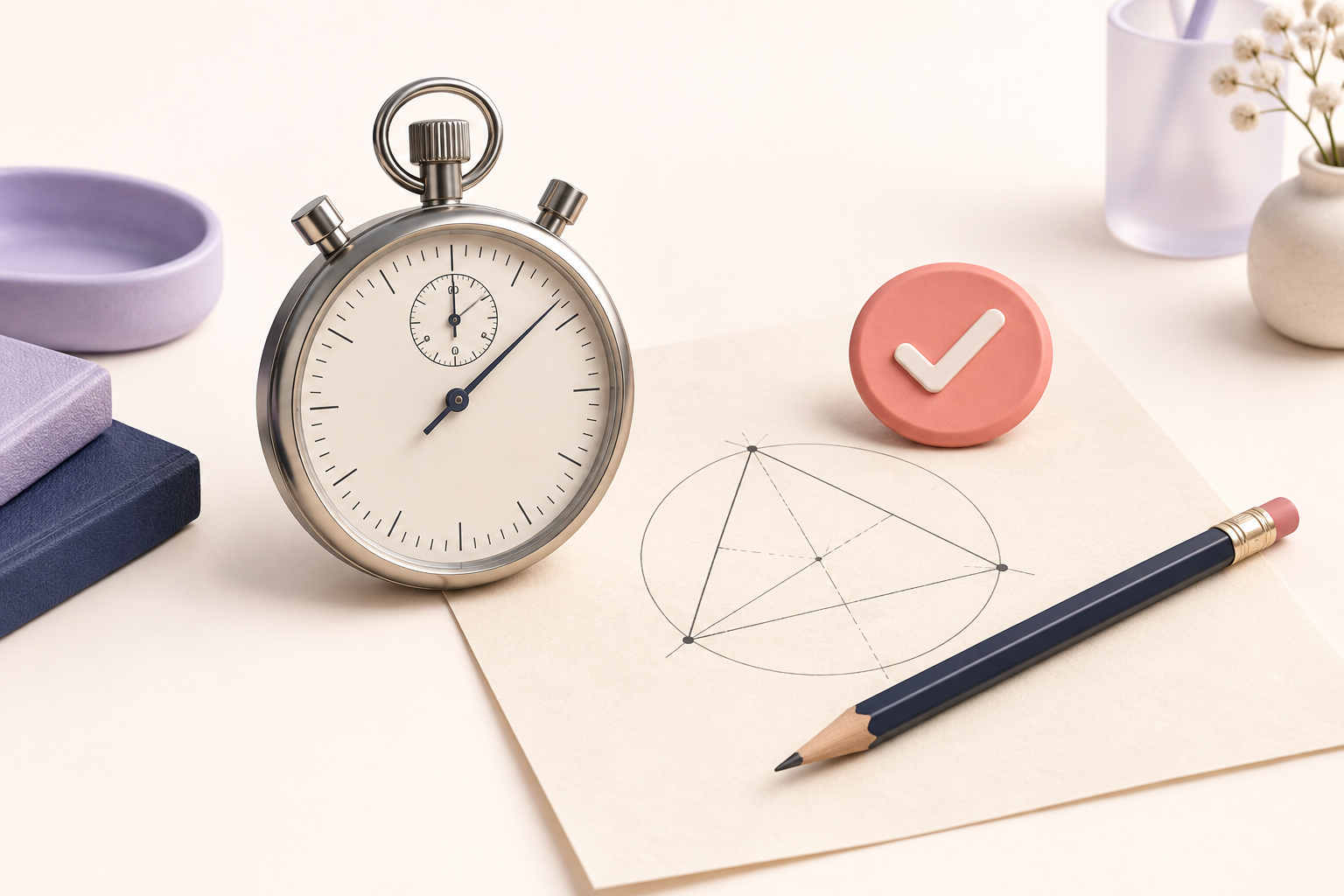 a refined analog stopwatch, graphite pencil and simple geometry sketch on ivory paper, a coral verification check token, accuracy and review