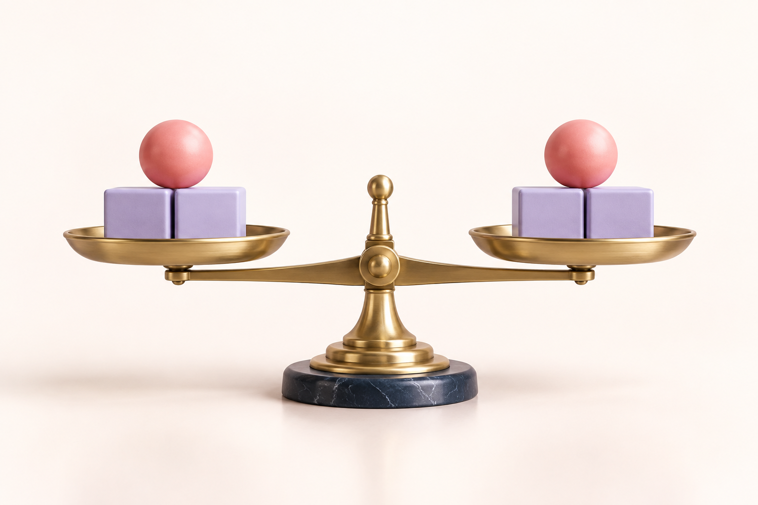 a beautifully balanced brass beam scale, matching lavender blocks and coral spheres on its trays, symbolizing equality and an unknown.