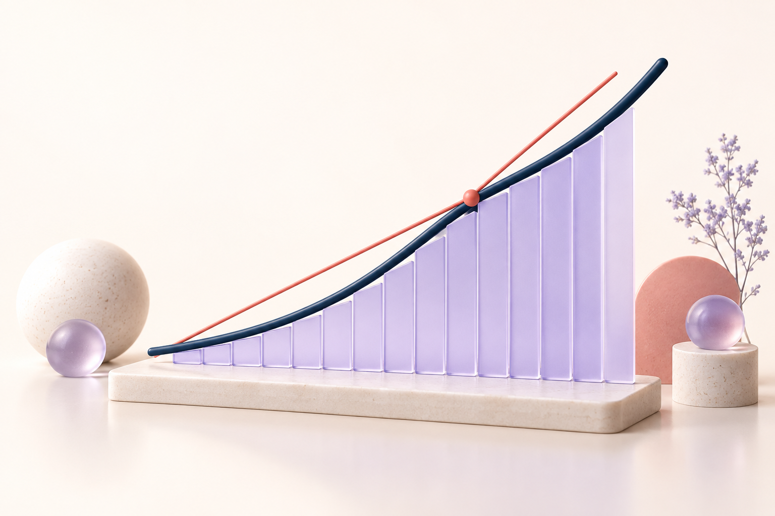 smooth rising navy curve above a plane, delicate lavender thin slices filling the area underneath and a coral tangent touching it, change and accumulation.
