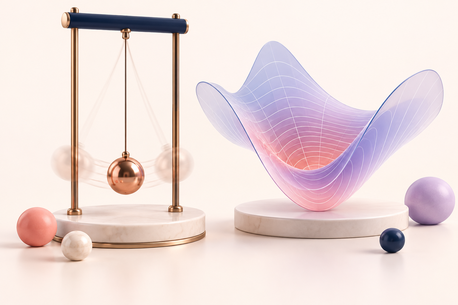 a precision pendulum model beside a beautifully curved translucent field surface with fine contour lines