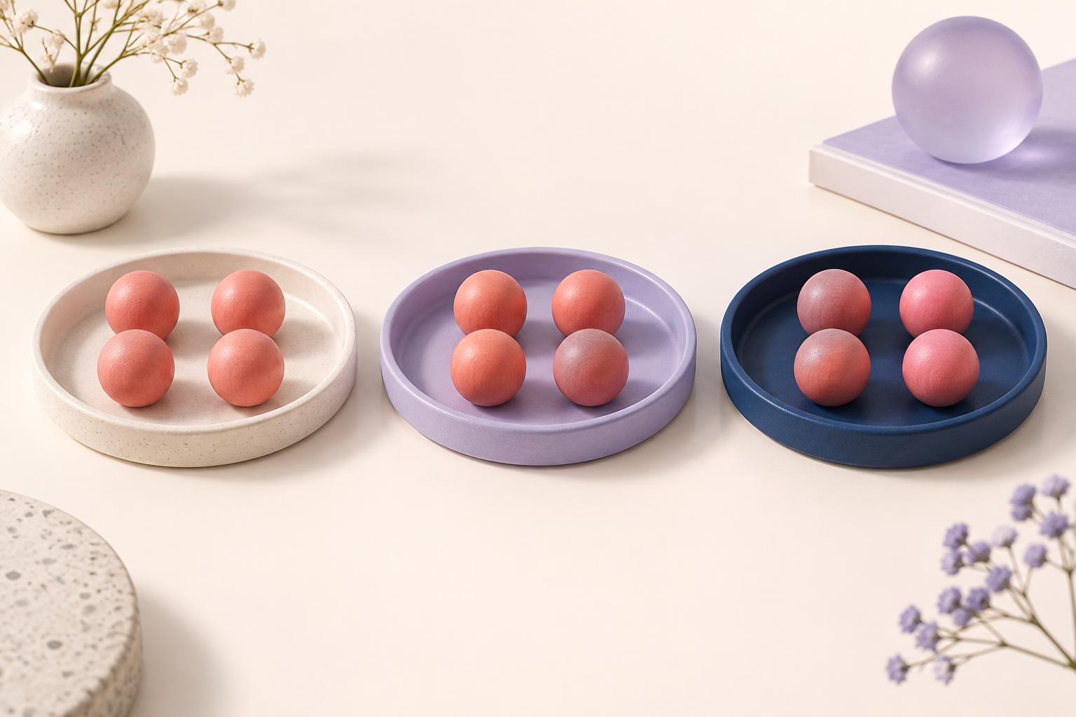 three beautiful shallow trays each containing four small coral wooden counting spheres