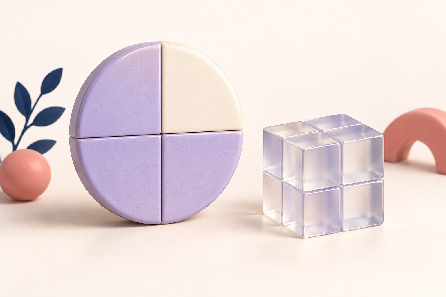a circular ceramic disk divided into four equal sectors, three lavender and one ivory, next to a small transparent cube built of unit cubes, fractions and volume.
