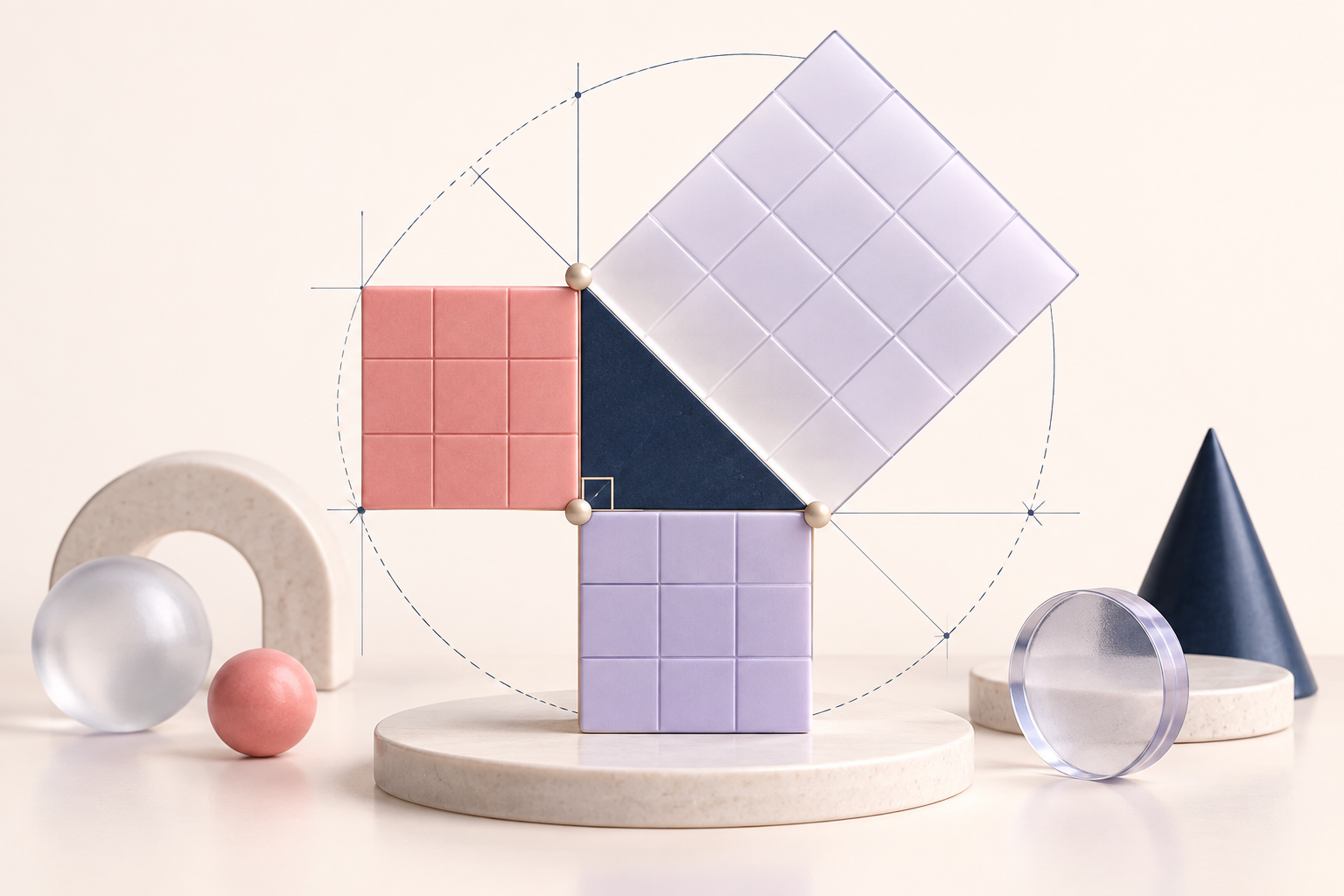 a clear right triangle model with three square tiles attached to its sides, fine geometric construction lines