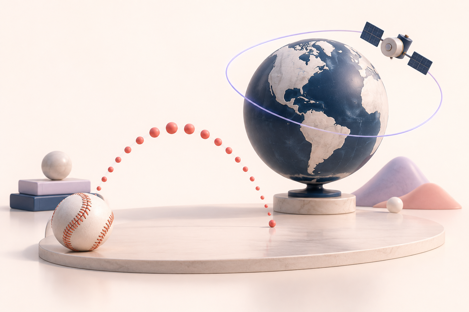 a baseball in foreground with a delicate parabolic trajectory, an Earth globe and a small satellite with a circular orbit in background, cohesive scale-model diorama.