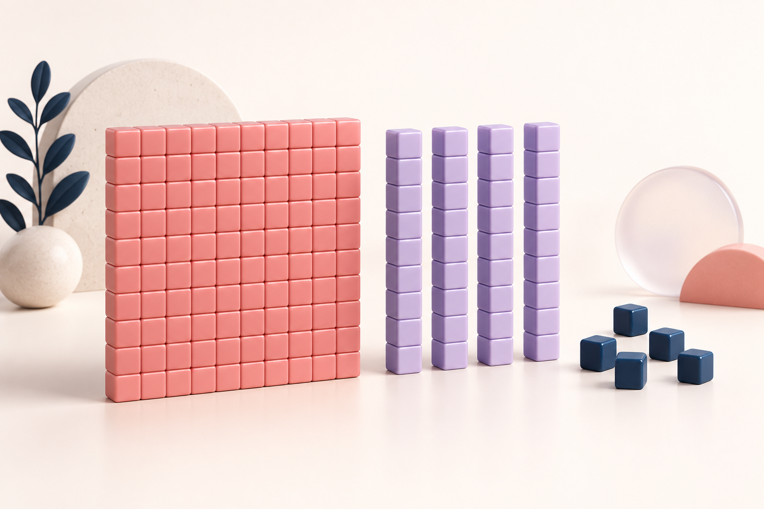 elegant base-ten blocks, a hundred flat, tens rods and unit cubes arranged by size, conceptual place value.