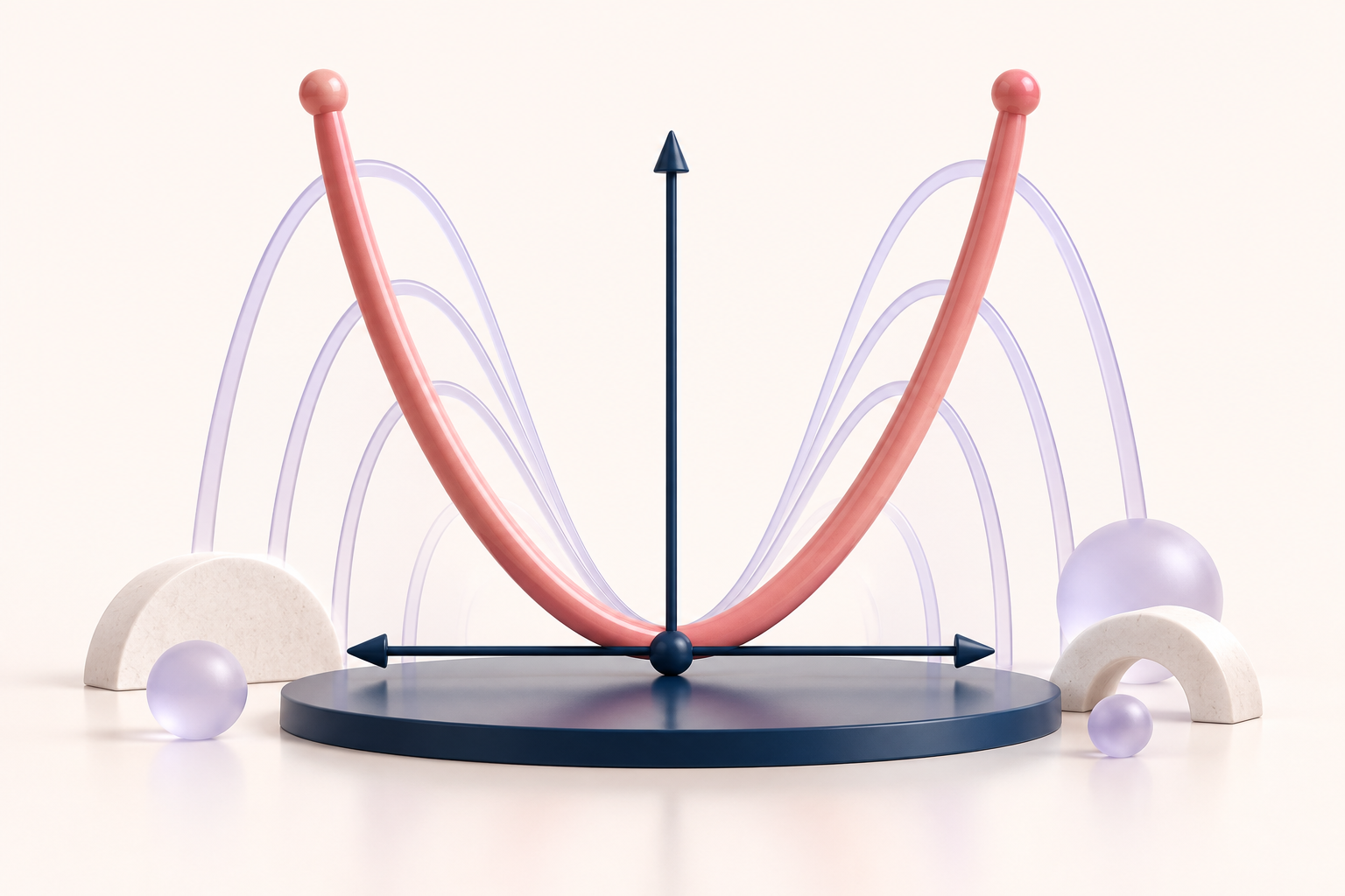 a graceful coral parabolic sculptural curve above a restrained navy coordinate plane, with translucent lavender arches suggesting families of functions.