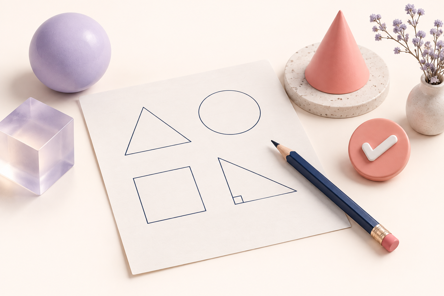 a clean worksheet with only simple unlabeled geometry figures, a graphite pencil and a coral check mark token, thoughtful precise problem-solving
