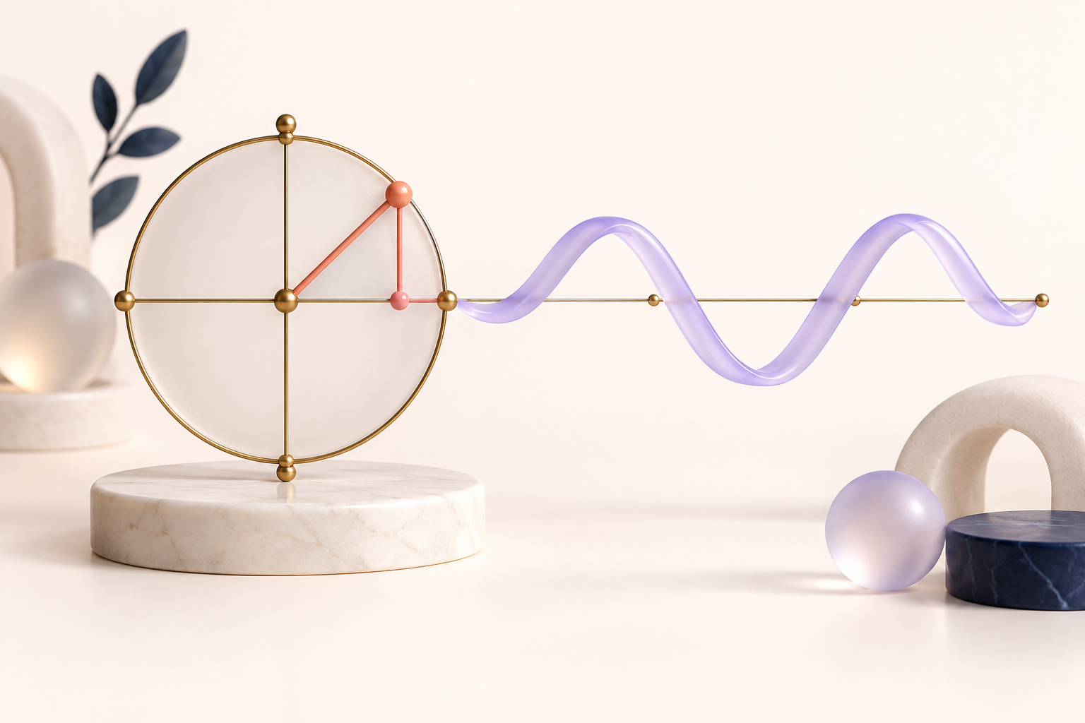 a fine brass unit circle and a coral radius with its perpendicular projection, transitioning into a lavender sinusoidal ribbon.
