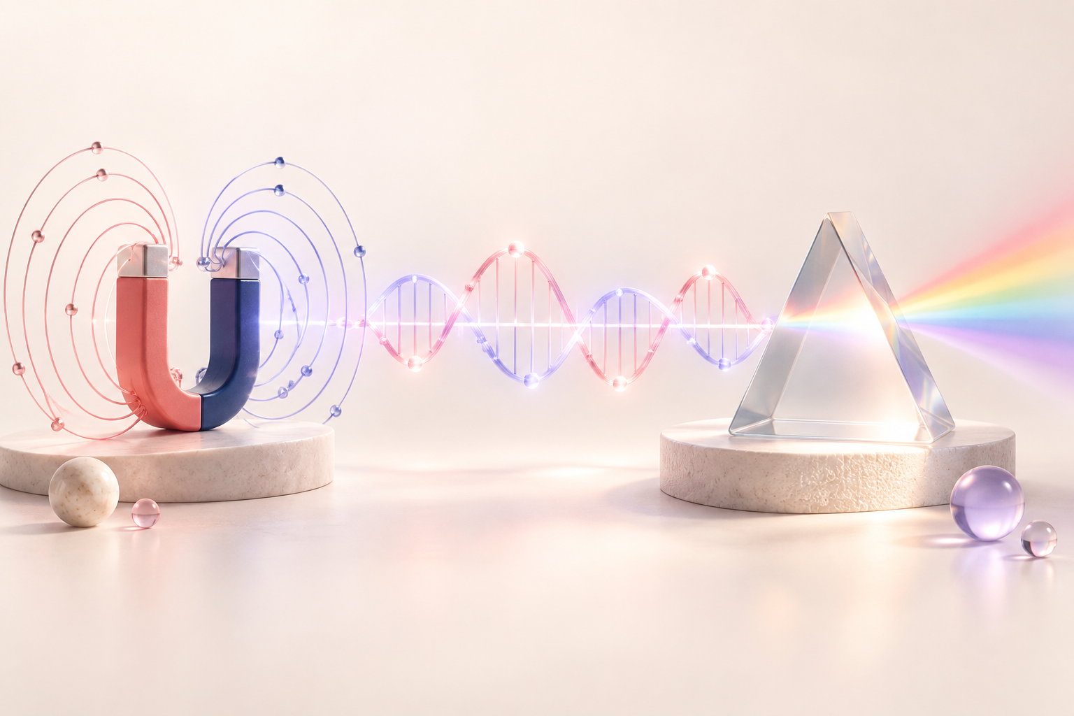 small elegant magnet and a glowing light prism with a subtle pastel spectrum, graceful electric and magnetic field curves joining into a light wave